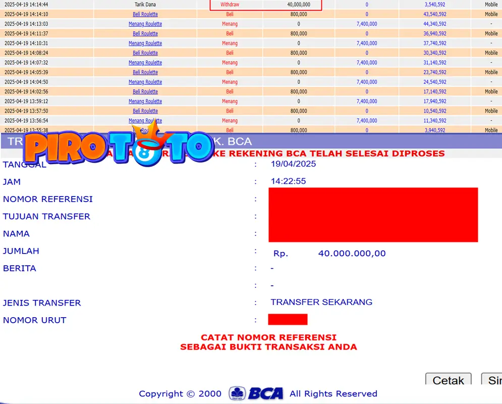 Bukti Kemenangan Permainan Live Game Casino Roulette Di Situs PIROTOTO Untuk Akun Hulxxx