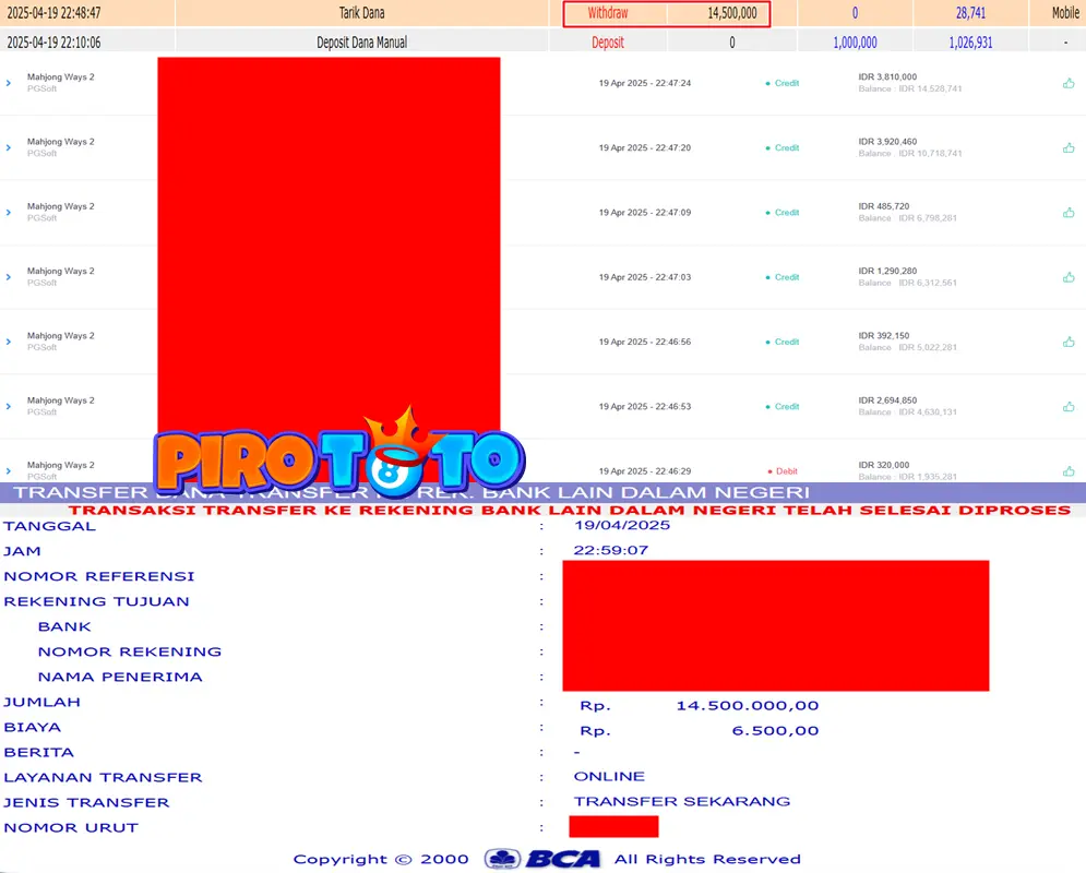 Bukti Kemenangan Permainan Slot Mahjong Ways 2 Di Situs PIROTOTO Untuk Akun Miunxxxx