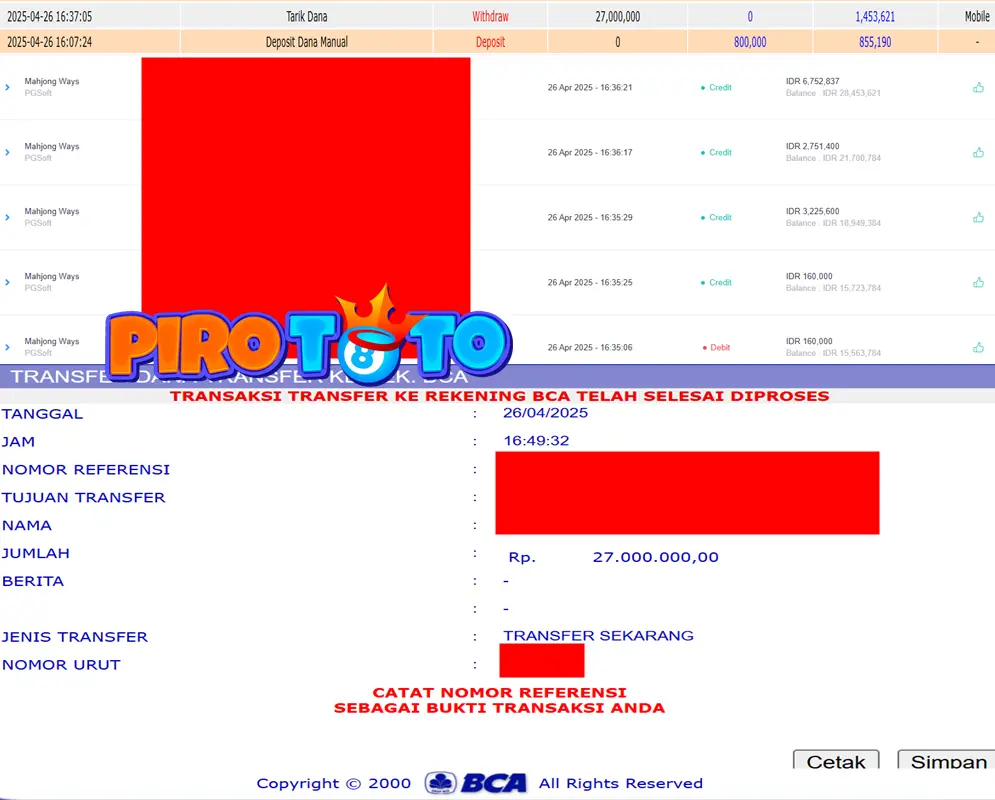 Bukti Kemenangan Permainan Slot Mahjong Ways Di Situs PIROTOTO Untuk Akun Cipxxxx