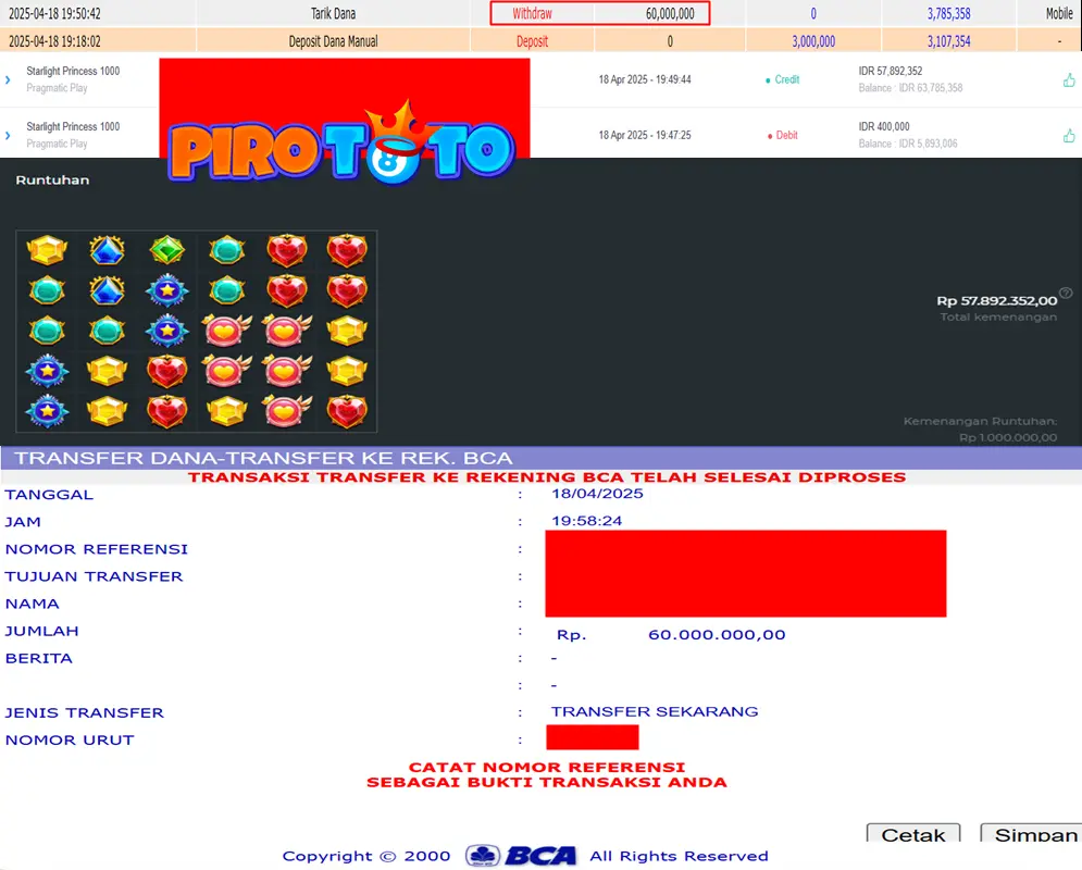 Bukti Kemenangan Permainan Slot Starlight Princess 1000 Di Situs PIROTOTO Untuk Akun Sekxx56