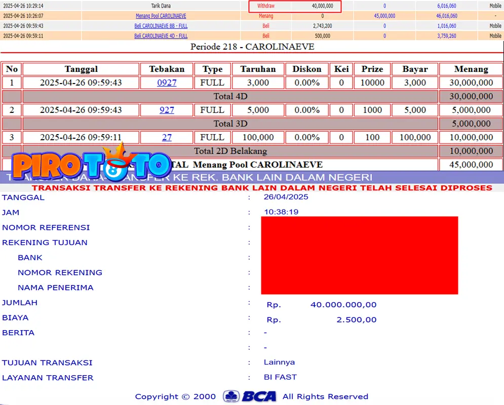 Bukti Kemenangan Permainan Togel Pasaran Carolina Evening Di Situs PIROTOTO Untuk Akun Koixxx