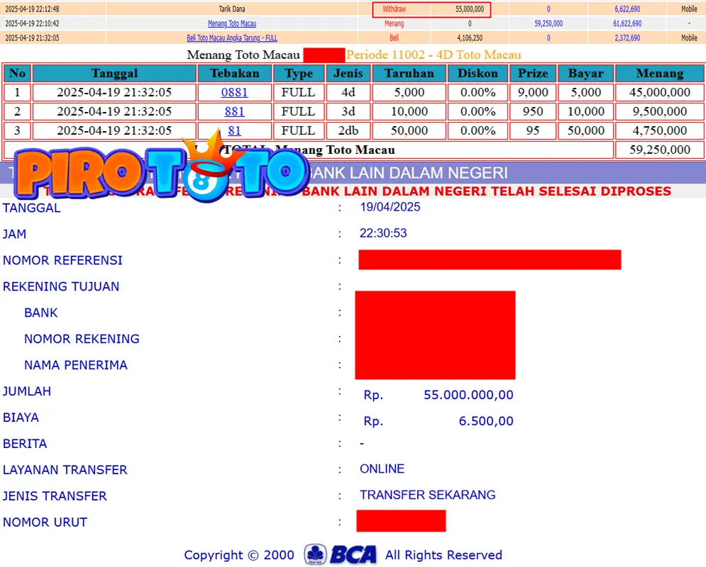 Bukti Kemenangan Permainan Togel Pasaran Totomacau P4 Di Situs PIROTOTO Untuk Akun Butxx68