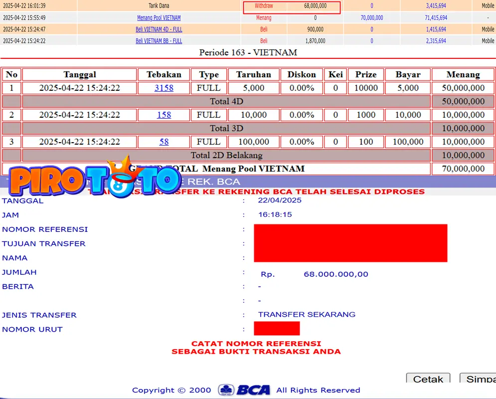 Bukti Kemenangan Permainan Togel Pasaran Vietnam Di Situs PIROTOTO Untuk Akun Hwxxxx