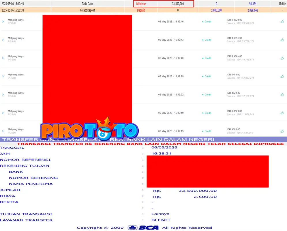 Bukti Kemenangan Permainan Slot Mahjong Ways Di Situs PIROTOTO Untuk Akun Lodxxxx