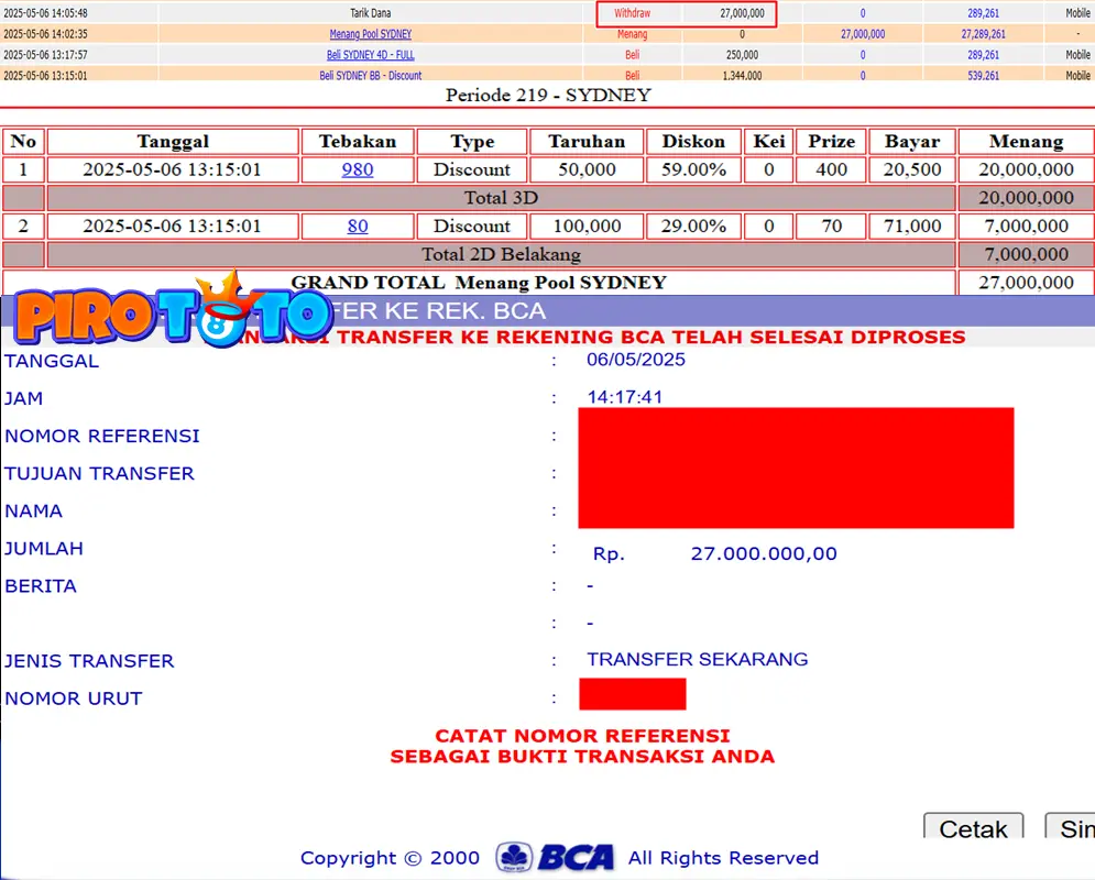 Bukti Kemenangan Permainan Togel Pasaran Sydneylotto Di Situs PIROTOTO Untuk Akun Yogxxxx