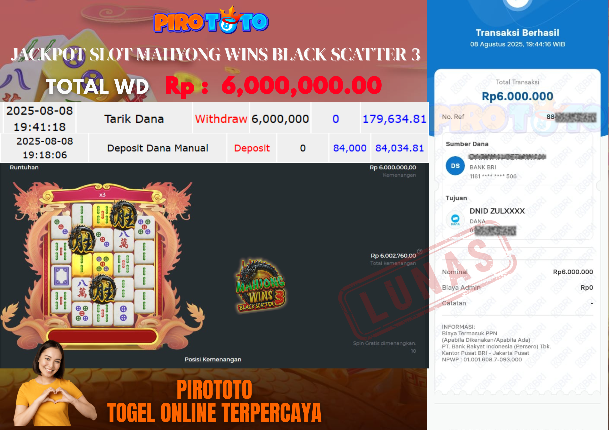 Bukti Kemenangan Permainan Slot Mahjong Wins 3 Black Scatter Di Situs PIROTOTO Untuk Akun zulxxxx